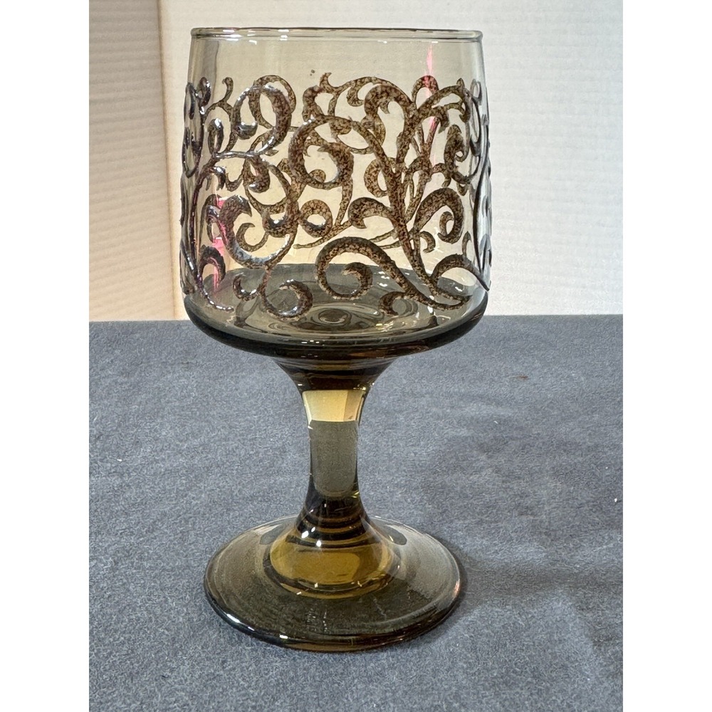 1970s Libbey Prado Water Wine Glass Raised Scrollwork Smoky Brown 6oz